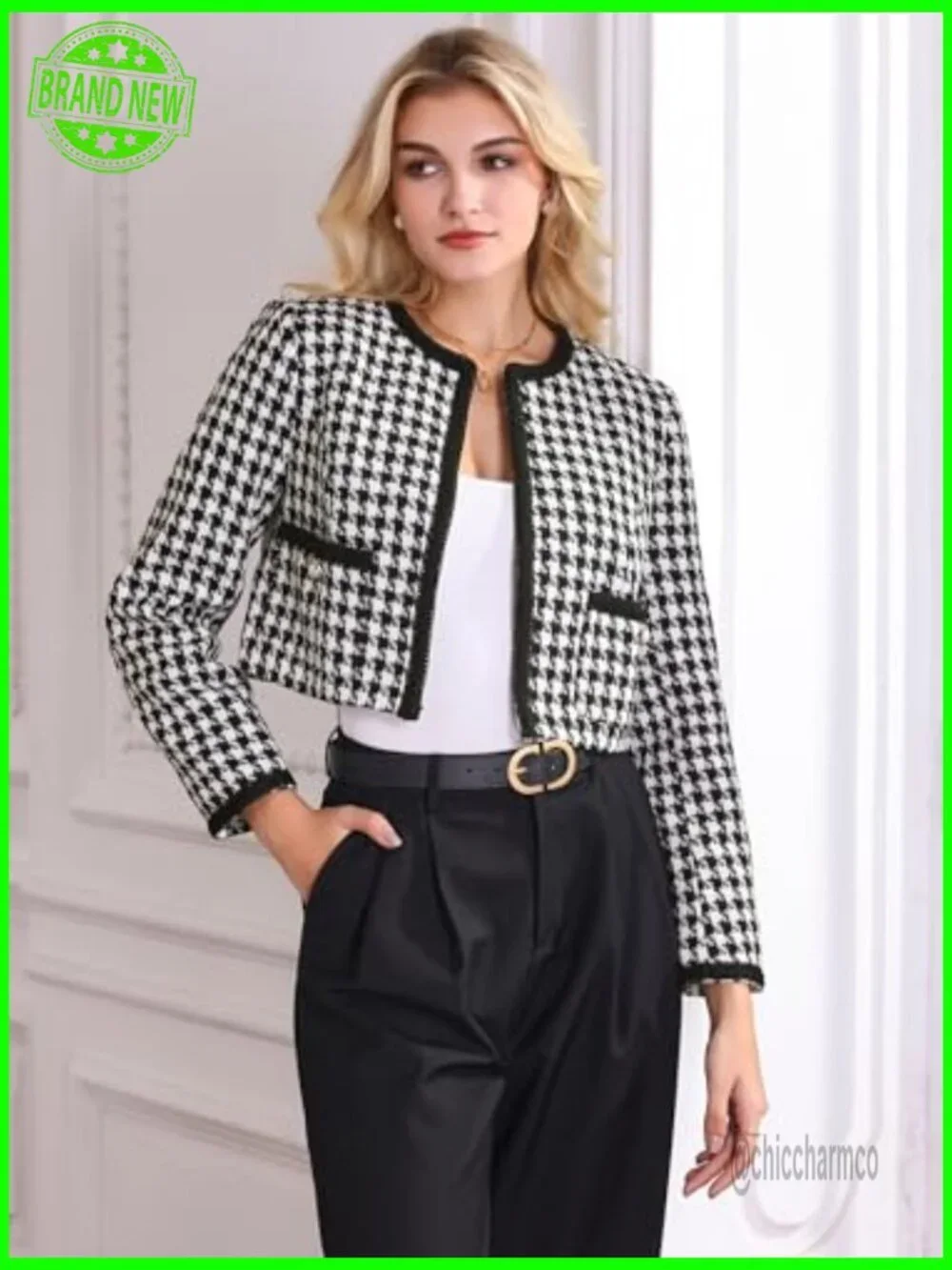 Collarless Cropped Tweed Blazer Houndstooth Jacket